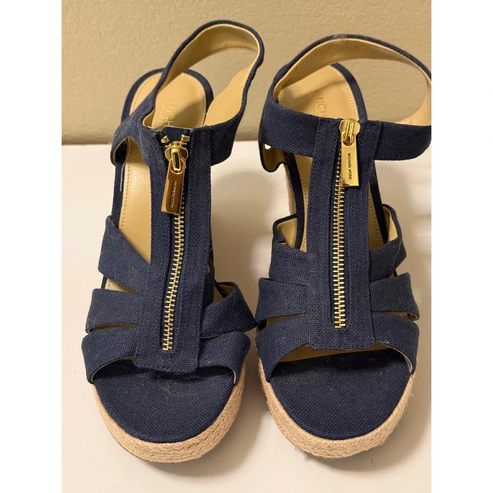 Michael Kors Navy Blue Canvas Espadrille Wedge Sandals Gold Zip Front 8.5M PW21K